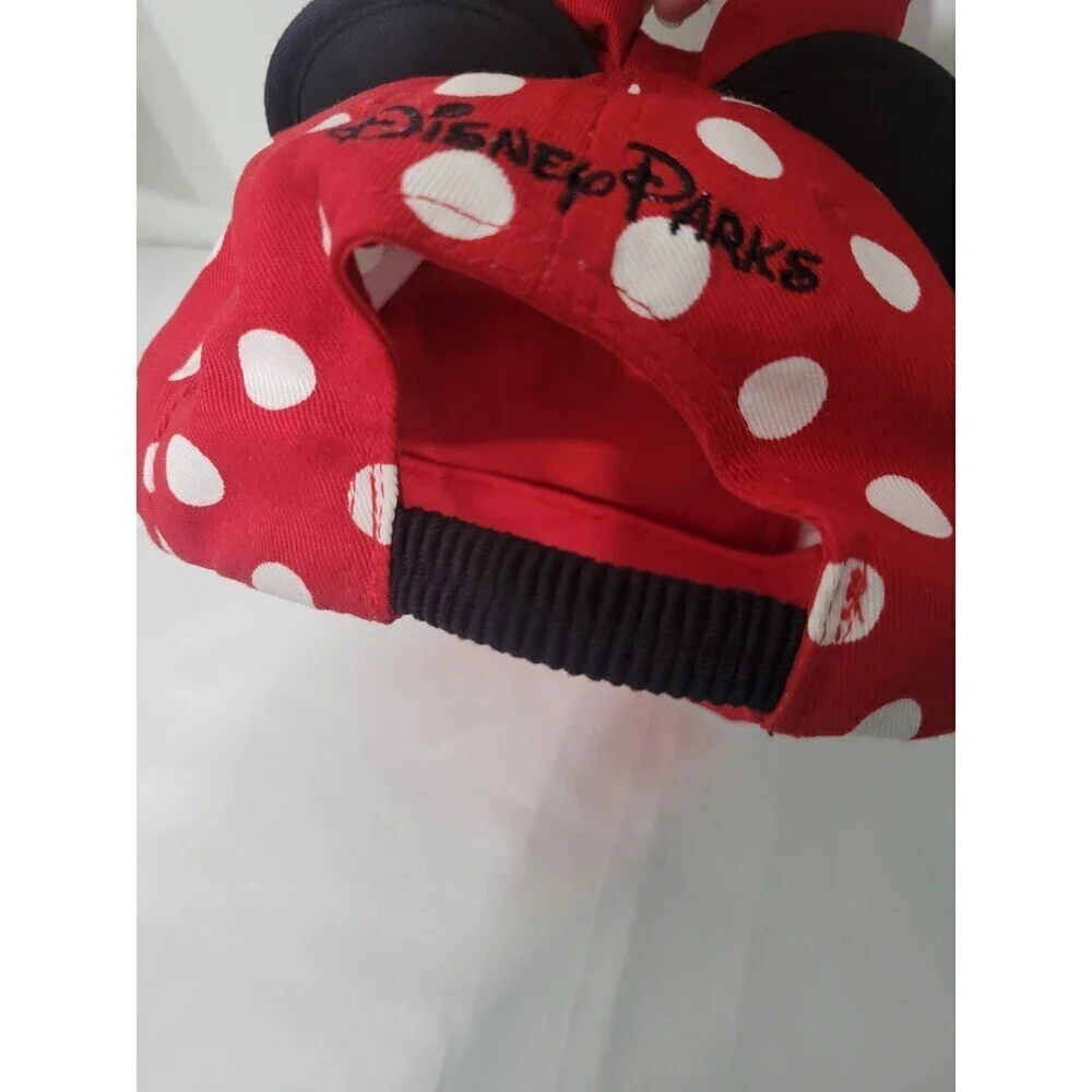 Disney Girls Hat Minnie Mouse  Ears Red Bow Embroidered Logo Black Polka Dots
